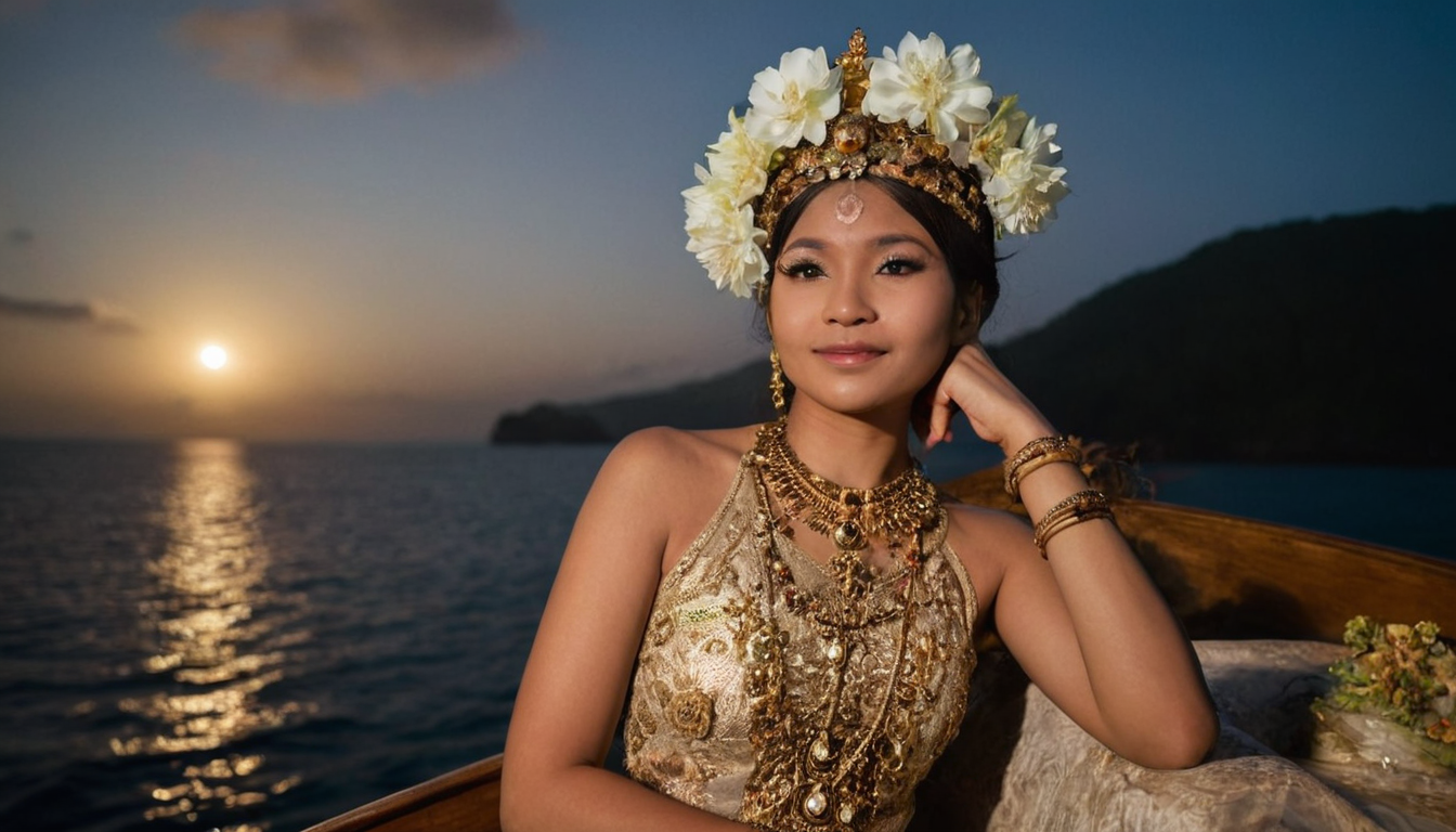 00000-892868804-Mythical Full Body Portrait Photo of Dyah Gitarja aboard her Javanese ship, wearing a flower and a majestic crown in her hair, e.png